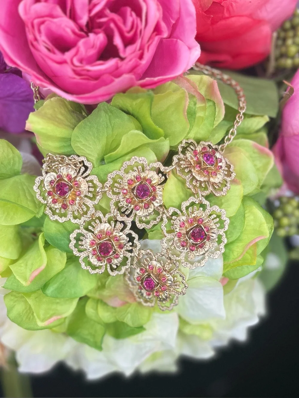 Vintage Gold Filigree Magenta Crystal Floral Statement Necklace Boho Glam